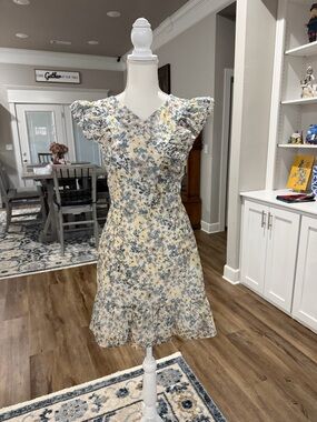 Adelyn Rae Floral Ruffle V-Neck Sundress in Soft Yellow and Blue